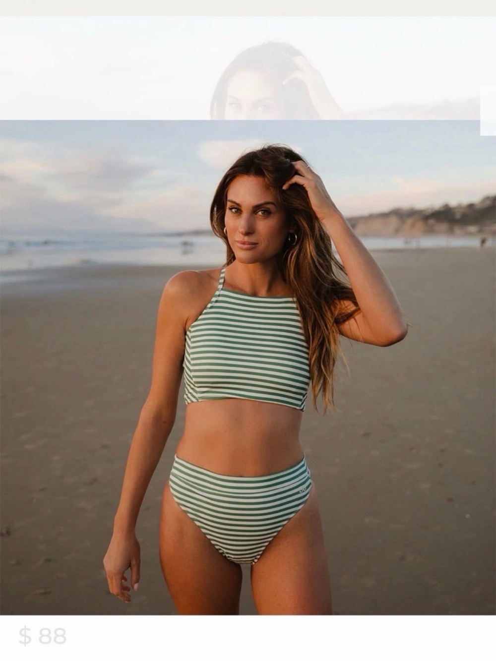 Striped High-Neck Bikini Set in Green and White